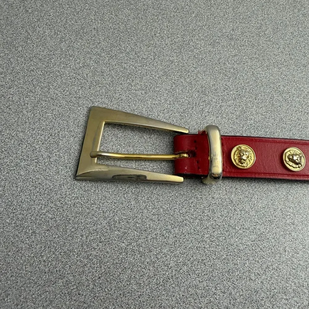 Anne Klein Lion Leather Belt Womens Red Gold Medallion 90s Metal 1" Animals - Picture 2 of 9